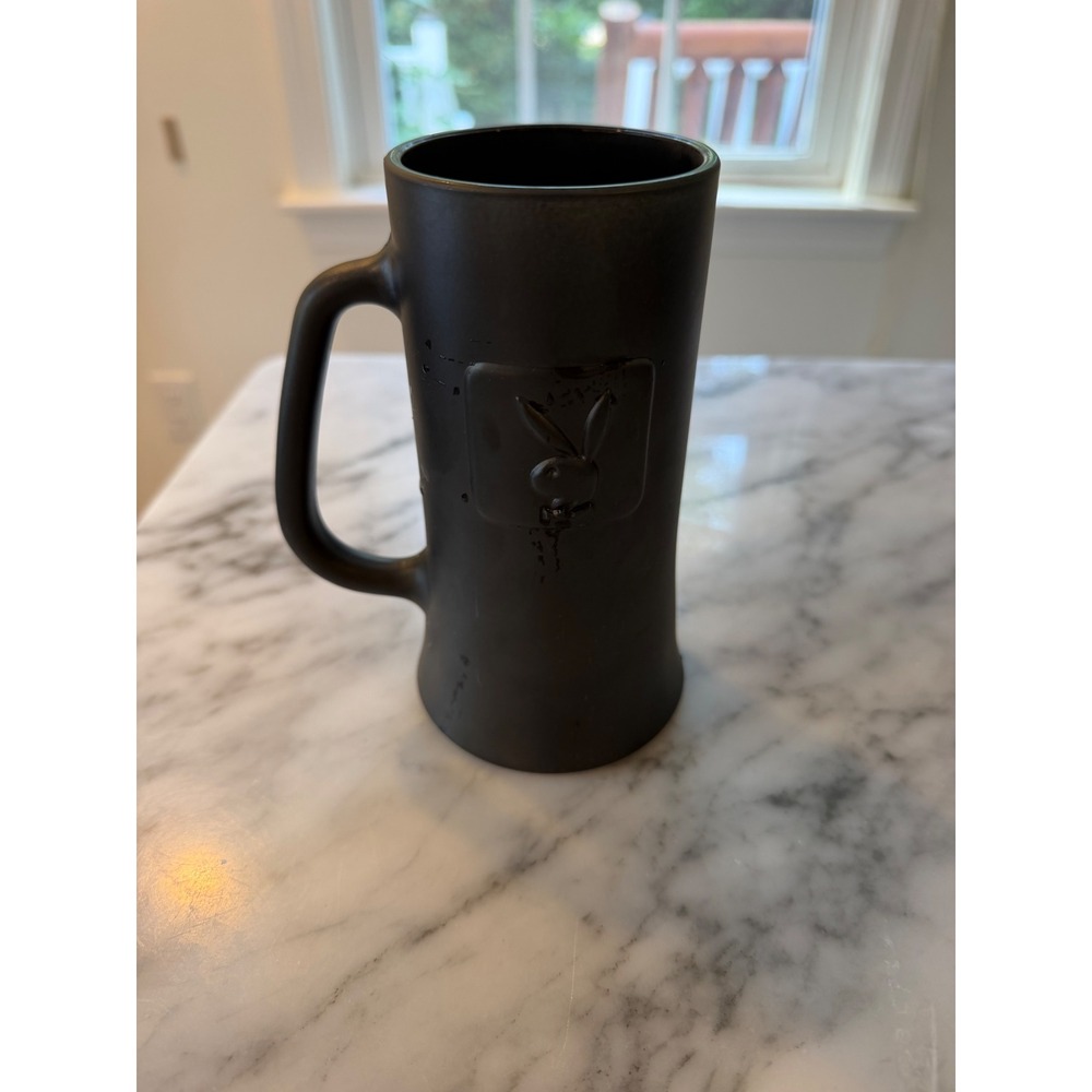 Vintage 1970s Playboy Matte Black Ceramic Beer Mug Stein Bunny Logo MCM Barware
